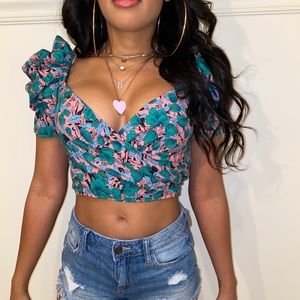 Puff Sleeve Two-Way Wrap Crop Top Floral